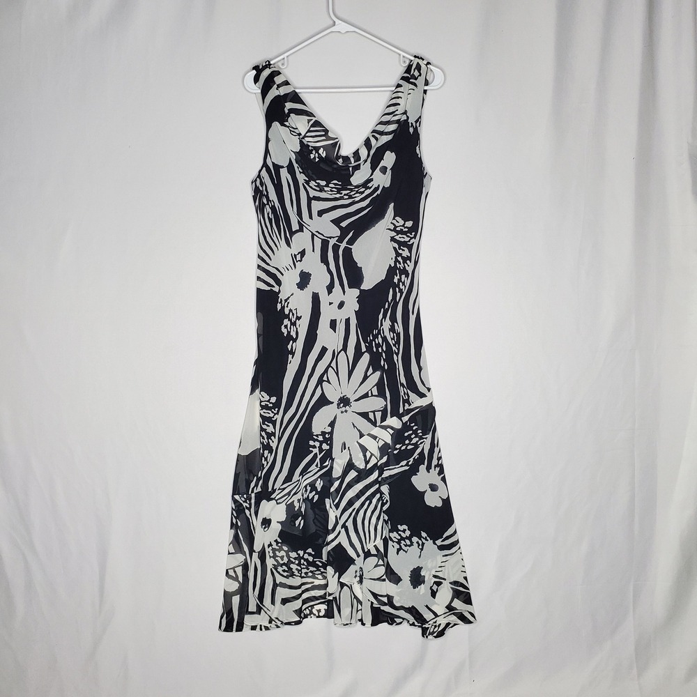 Black‎ White Abstract Floral Cowl Neck Sleeveless Midi Dress Summer Cocktail